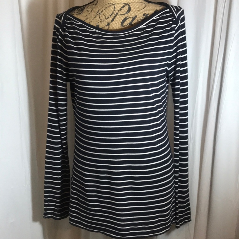 Ann Taylor Navy Blue White Striped Boat Neck Top M